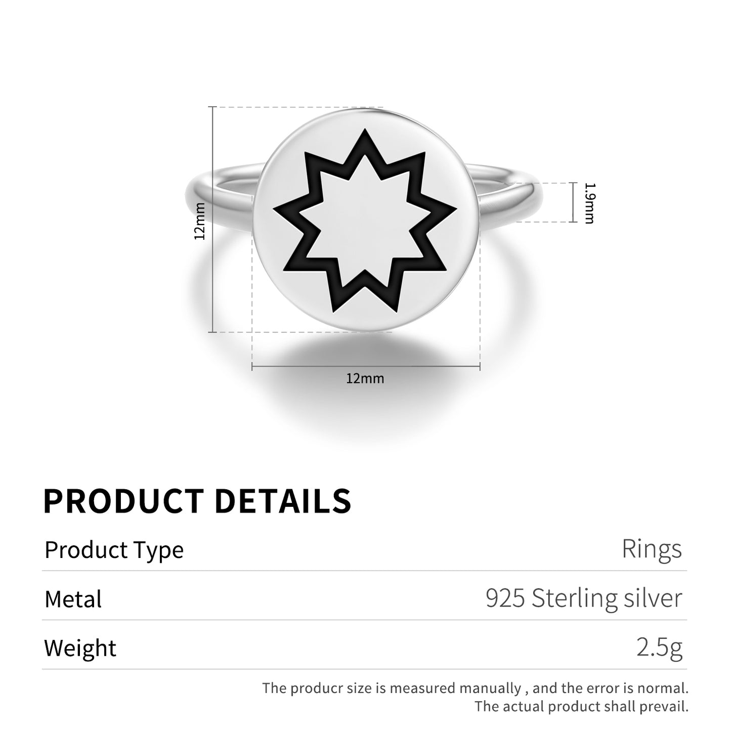 Bahai star Islam Symbols Adjustable Open Ring
