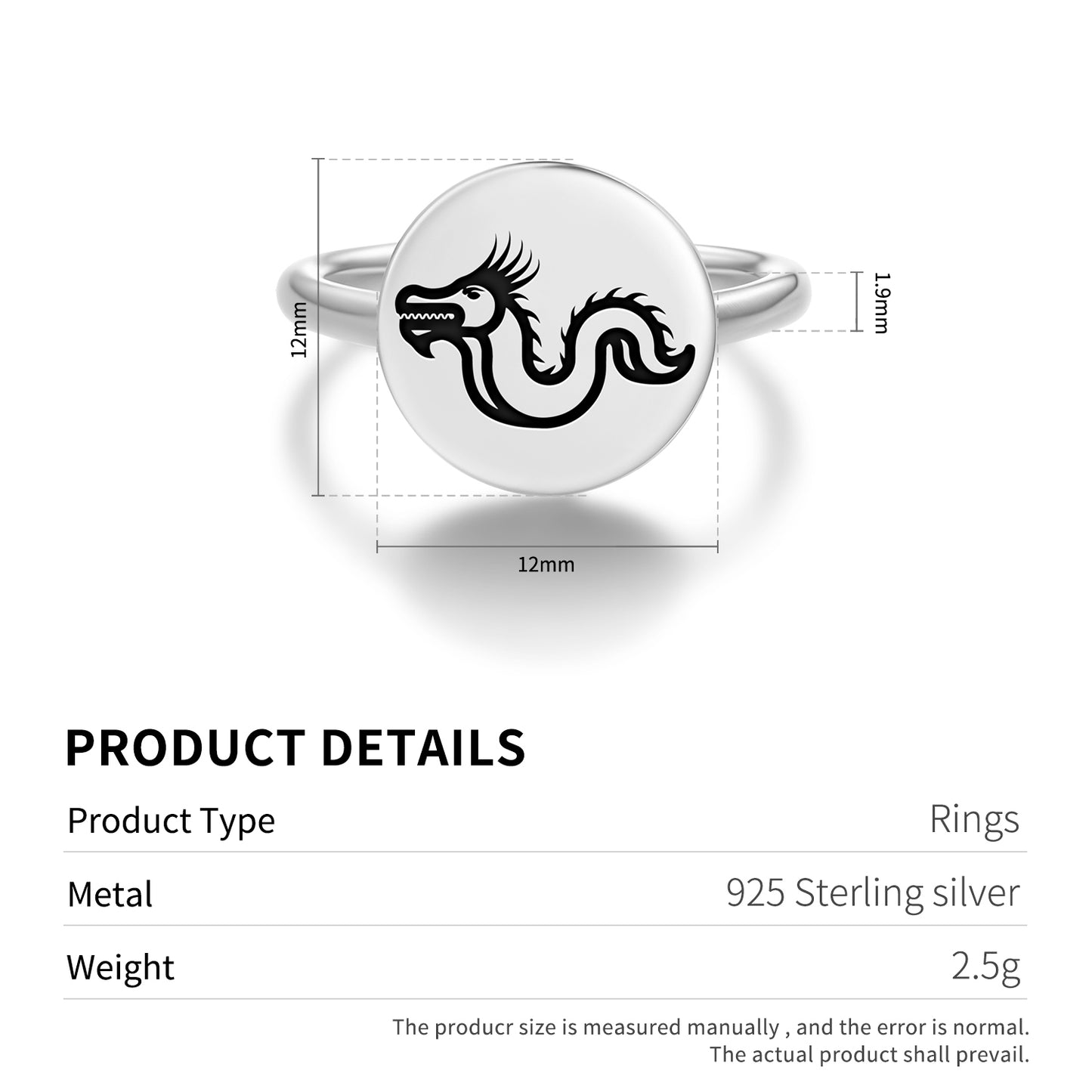 Huanglong Dragon Chinese Symbols Adjustable Open Ring