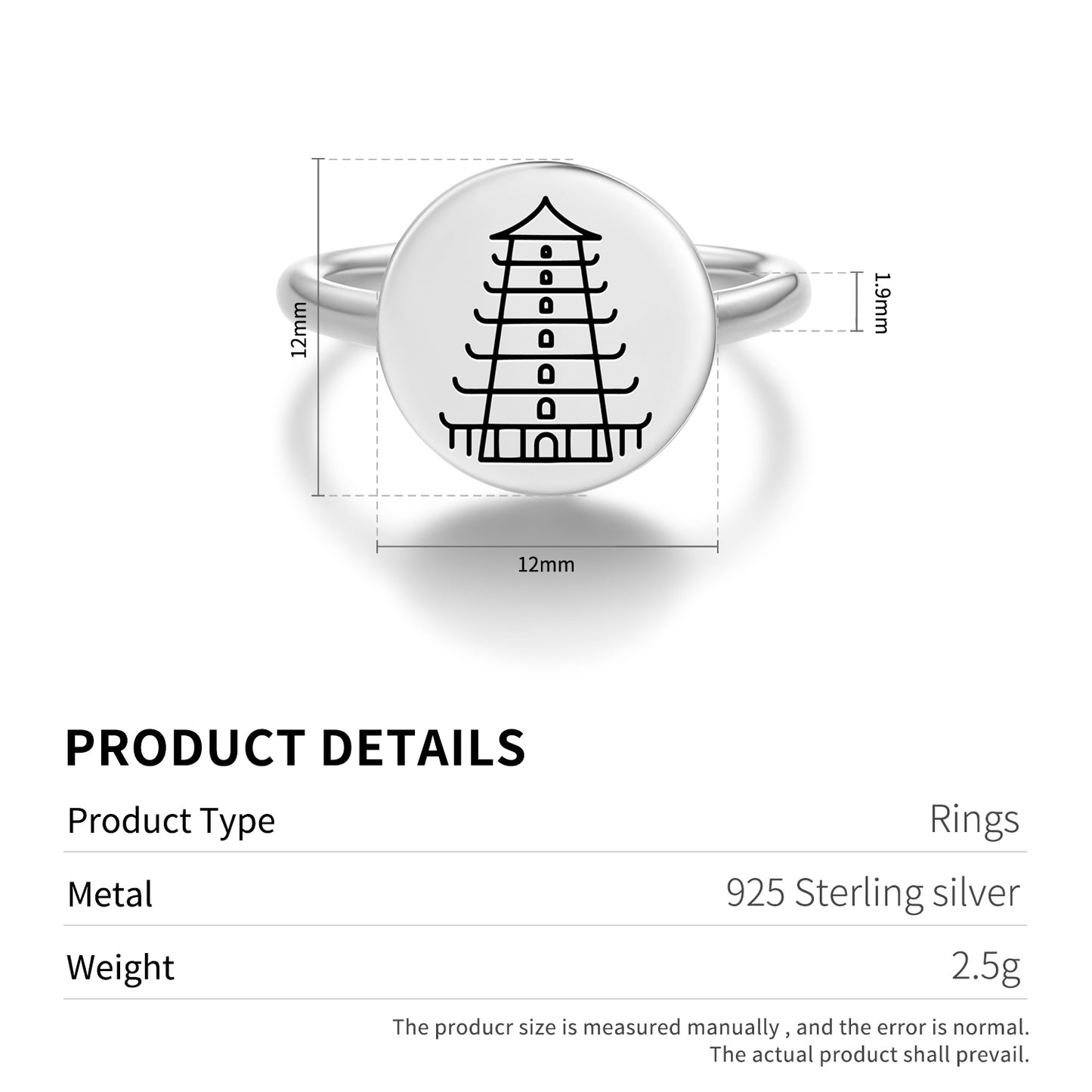 Pagoda Tower Feng shui Symbols Adjustable Open Ring