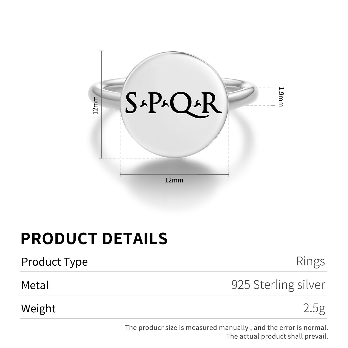 S.P.Q.R. Roman Empire Symbols Adjustable Open Ring